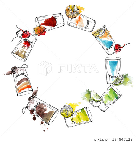 Layered alcoholic shooters, coffee beans, citrus, cherry and apple garnish. Rainbow ring wreath frame of watercolor and ink shots and garnishes hand drawn for birthday invites or festive packaging. 134847128
