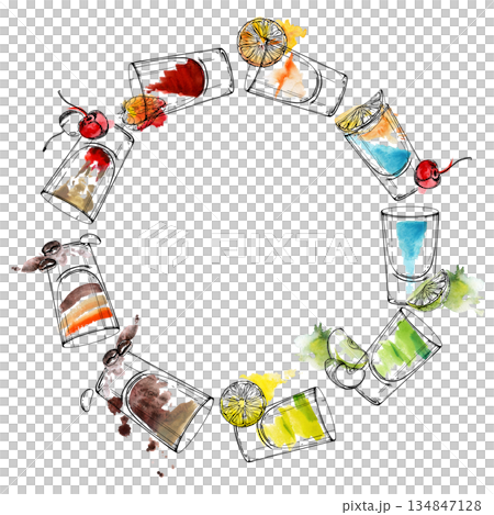 Layered alcoholic shooters, coffee beans, citrus, cherry and apple garnish. Rainbow ring wreath frame of watercolor and ink shots and garnishes hand drawn for birthday invites or festive packaging. 134847128