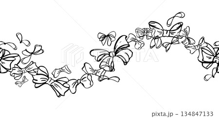 Lace ribbons tied into delicate bows across a continuous flowing banner line. Seamless banner isolated vector illustration hand drawn in ink. For vintage decor, wedding headers, elegant stationery. 134847133