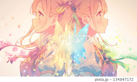 背中合わせに立つアニメ美少女2人　光の翼が輝く幻想的イラスト 134847172
