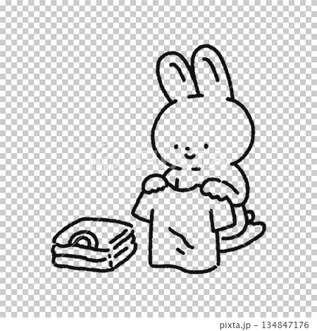 洗濯物をたたむウサギ 線画 洗濯物をたたむウサギ 線画 134847176