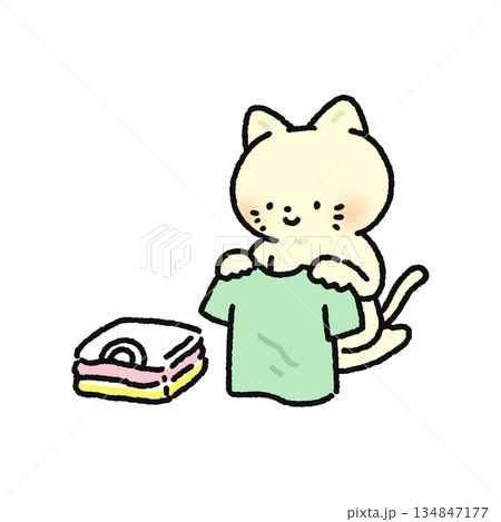 洗濯物をたたむネコ 134847177