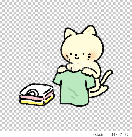 洗濯物をたたむネコ 134847177