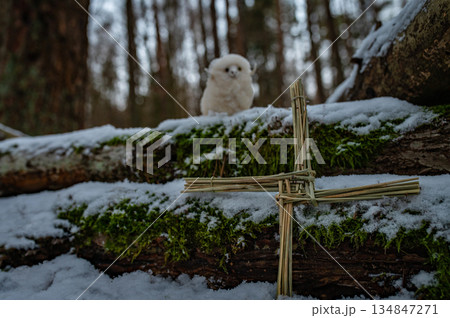 Wiccan altar for Imbolc holiday. Brigids cross of straw, candles, witch doll ram/sheep on snow. witchcraft, magic pagan ritual. Wiccan altar for Imbolc holiday. Brigids cross of straw, candles, witch doll ram/sheep on snow. witchcraft, magic pagan ritual. 134847271