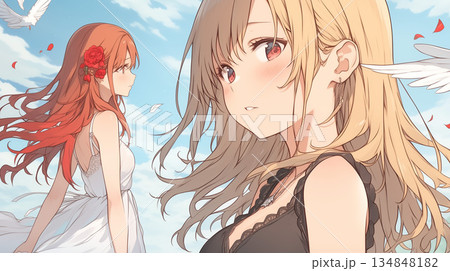青空に佇むアニメ美少女2人　白いドレスと羽根が象徴する幻想イラスト 134848182