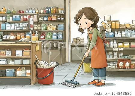 開店前に売り場を清掃する女性店員の仕事風景イラスト 開店前に売り場を清掃する女性店員の仕事風景イラスト 134848686
