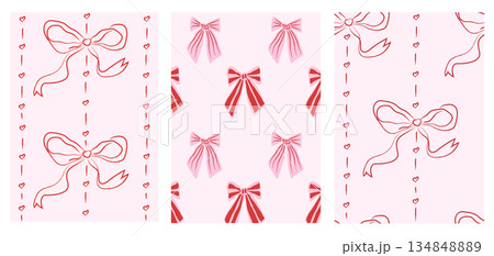 Set of retro whimsical seamless pattern backgrounds with bows and hearts. Coquette ribbon textures for Valentine, weddings, gift wrap, stationery, feminine surface design. Vector illustration. Set of retro whimsical seamless pattern backgrounds with bows and hearts. Coquette ribbon textures for Valentine, weddings, gift wrap, stationery, feminine surface design. Vector illustration. 134848889