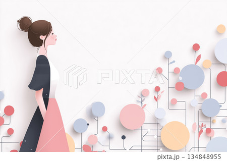 AIとデータネットワークを背景に歩く女性のDXコンセプトフラットイラスト 134848955