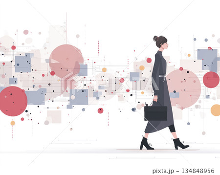 AIとデータネットワークを背景に歩く女性のDXコンセプトフラットイラスト 134848956