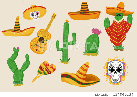 Colorful Mexican travel set with sombrero cactus guitar skull and maracas in flat cartoon style 134849134