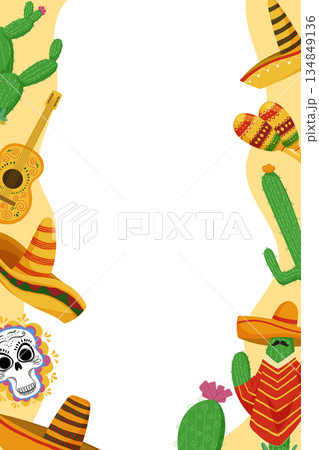 Mexican decorative frame with sombrero cactus guitar skull and maracas in colorful travel style 134849136