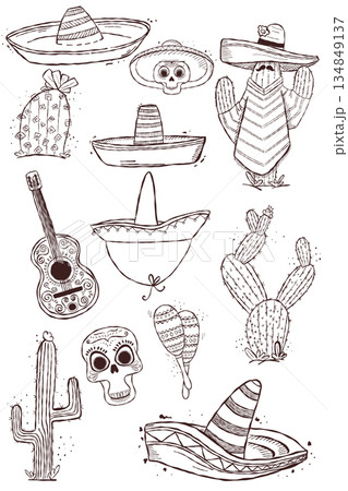 Mexican hand drawn set with sombrero cactus skull guitar and maracas in travel doodle style 134849137