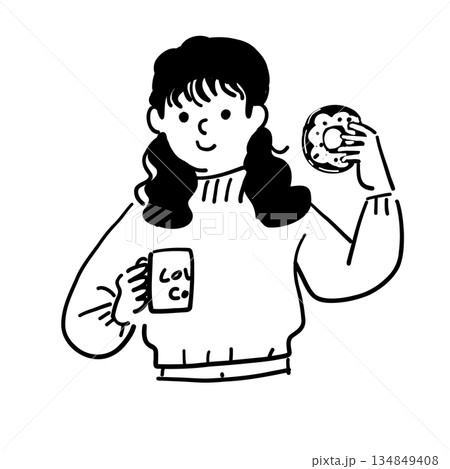 ドーナツ　珈琲　女性　線画　ベクター 134849408