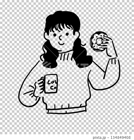 ドーナツ　珈琲　女性　線画　ベクター 134849408