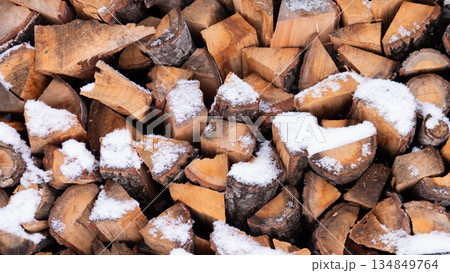 Stacked Firewood Dusted With Fresh Snow, Rustic Cabin Supply Captured In Crisp Winter Light, Rough Cut Log Faces, Warm Brown Tones, Tactile Bark Textures, Seasonal Preparation And Cozy Hygge Stacked Firewood Dusted With Fresh Snow, Rustic Cabin Supply Captured In Crisp Winter Light, Rough Cut Log Faces, Warm Brown Tones, Tactile Bark Textures, Seasonal Preparation And Cozy Hygge 134849764