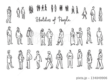People sketch. Casual group of people silhouettes. Outline hand drawing illustration 134849906