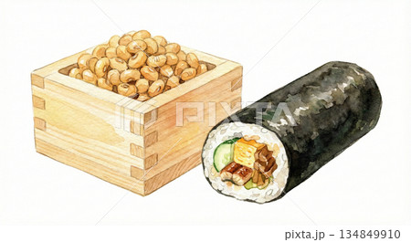 節分 升に入った福豆と恵方巻の手書き水彩風イラスト 134849910