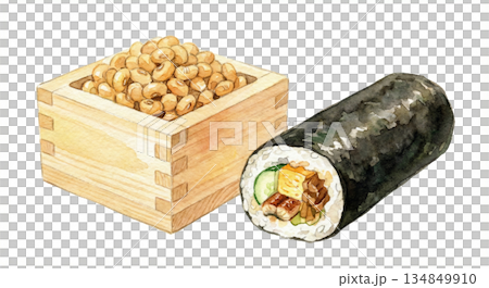 節分 升に入った福豆と恵方巻の手書き水彩風イラスト 134849910