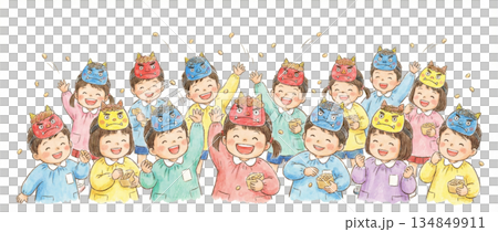 節分：幼稚園小朋友在玩丟豆子遊戲，他們的老師是鬼。手繪插圖。 134849911