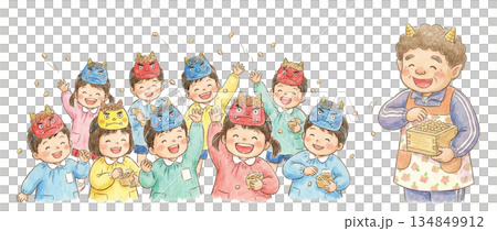 節分：幼稚園小朋友在玩丟豆子遊戲，他們的老師是鬼。手繪插圖。 134849912