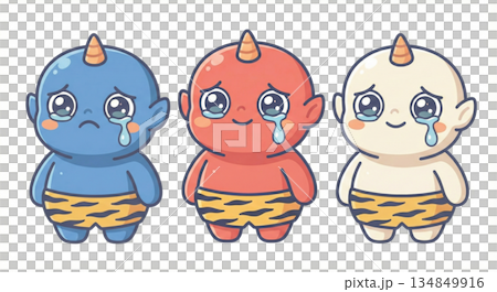 Setsubun illustration set of crying cute red demon, blue demon, and white demon 134849916