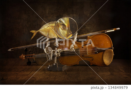 Still Life Fish and violin. Stylized antique Still Life Fish and violin. Stylized antique 134849979