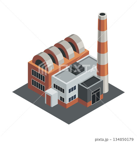 Isometric factory. Concept of industrial plant with chimney tower or pipes. Industrial bulding. 3d isolated icon. Architecture of manufacture house Isometric factory. Concept of industrial plant with chimney tower or pipes. Industrial bulding. 3d isolated icon. Architecture of manufacture house 134850179