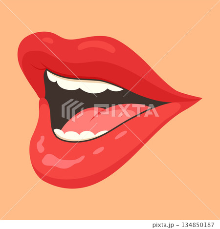 Red lip female. Woman expressed emotion, beauty concept. Modern flat vector design illustration Red lip female. Woman expressed emotion, beauty concept. Modern flat vector design illustration 134850187