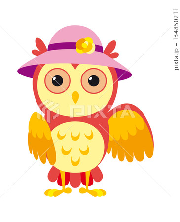 A vibrant pixel art owl in a stylish pink hat, full of charm 134850211