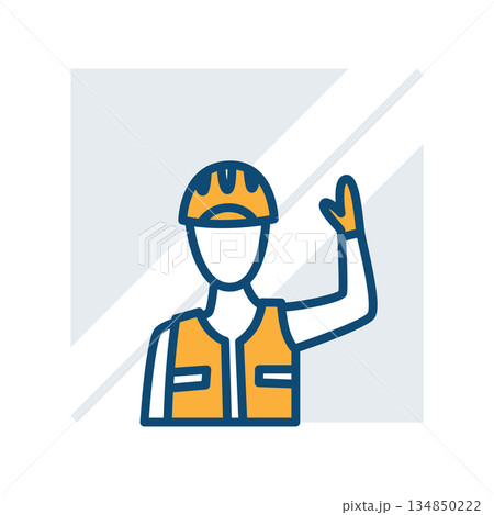 An illustration of a construction worker icon waving to others, emphasizing safety awareness 134850222