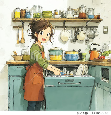 食洗機で家事を時短する若い女性の明るいキッチン 134850248
