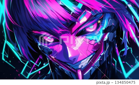 Menacing cyborg face with glowing pink eyes and mechanical details 134850475