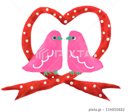 可愛いピンクの鳥 バレンタインハートイラスト 水玉リボン版 可愛いピンクの鳥 バレンタインハートイラスト 水玉リボン版 134850882