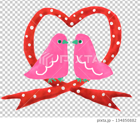 可愛いピンクの鳥 バレンタインハートイラスト 水玉リボン版 可愛いピンクの鳥 バレンタインハートイラスト 水玉リボン版 134850882
