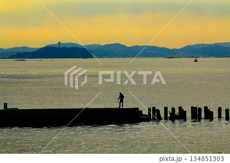 朝焼けの【江ノ島】を眺めつつ… 釣果を狙う『釣り人』 134851303