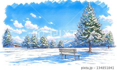 静まり返った冬の自然と柔らかく降り積もる雪を繊細に描いたイラスト素材｜白銀の世界、手描き風景 134851841
