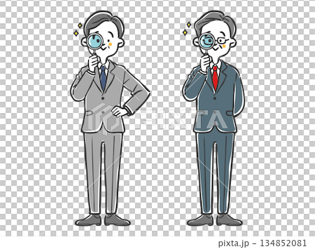中老年商人透過放大鏡觀察，全身像，向量圖 134852081