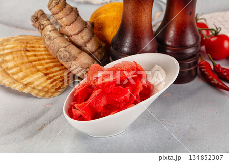 Pickled red ginger in the bowl 134852307