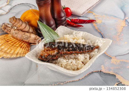 Smoked eel in unagi and steamed rice Smoked eel in unagi and steamed rice 134852308
