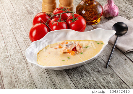 Salmon white soup with salmon Salmon white soup with salmon 134852410