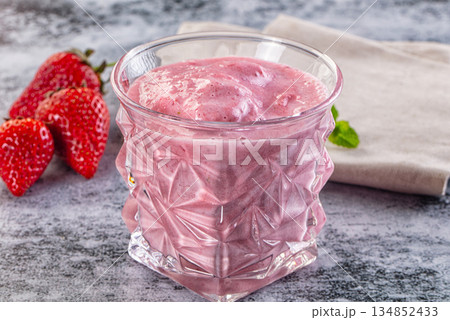 Strawberry smoothie milk shake glass Strawberry smoothie milk shake glass 134852433