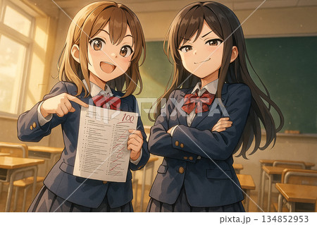 満点のテストを持つ女子学生2人　教室で学業の成功と達成感を表現したアニメイラスト 134852953