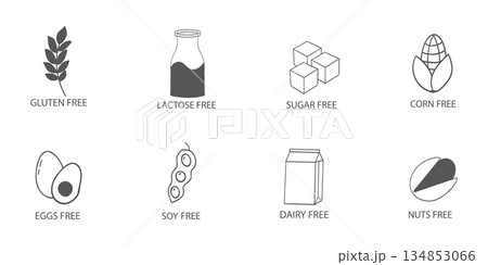 Set allergen free ingredients. Gluten free products warning symbols. Lactose, gluten, sugar, corn, egg, trans fat, soy, nut icon, dietary food badge. Minimal line organic design. Sign or stamp. 134853066