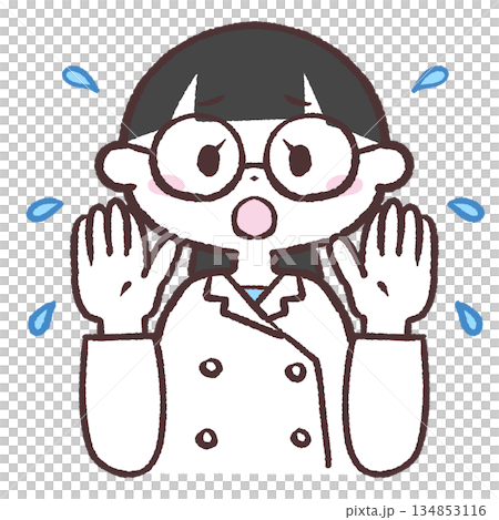 Illustration of a woman in a white coat sweating in distress Illustration of a woman in a white coat sweating in distress 134853116