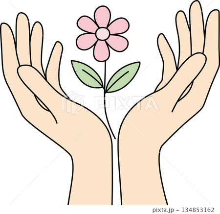 Cute Cartoon Hands Holding a Pastel Flower Illustration for Care and Growth 134853162