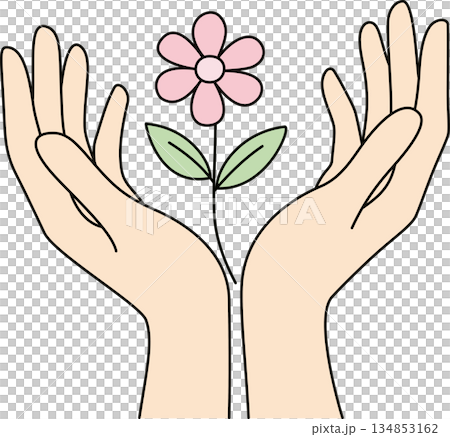 Cute Cartoon Hands Holding a Pastel Flower Illustration for Care and Growth 134853162