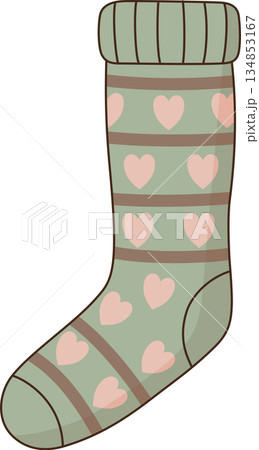 Cute Cartoon Green Cozy Sock Illustration with Pink Heart Pattern Cute Cartoon Green Cozy Sock Illustration with Pink Heart Pattern 134853167