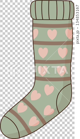 Cute Cartoon Green Cozy Sock Illustration with Pink Heart Pattern Cute Cartoon Green Cozy Sock Illustration with Pink Heart Pattern 134853167