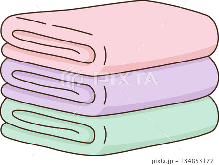 Cute Stack of Folded Towels Illustration in Pastel Pink, Purple, and Green Cute Stack of Folded Towels Illustration in Pastel Pink, Purple, and Green 134853177