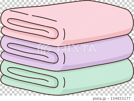 Cute Stack of Folded Towels Illustration in Pastel Pink, Purple, and Green Cute Stack of Folded Towels Illustration in Pastel Pink, Purple, and Green 134853177